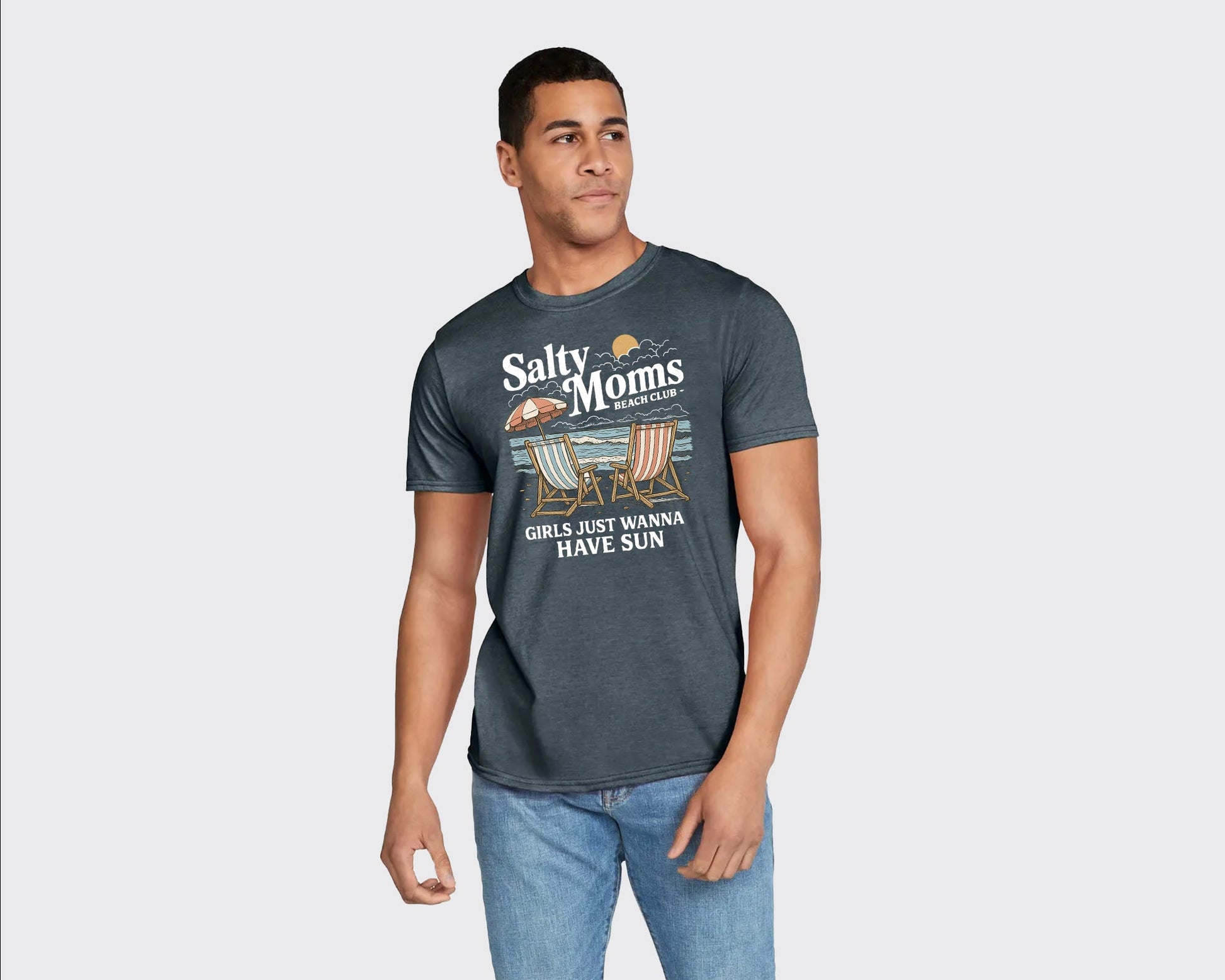 Salty Moms Beach Club Summer T-Shirt, Fun & Stylish Printed Classic Fit Tee, 100% Cotton Summer Shirt For Beach-Loving Moms M8437