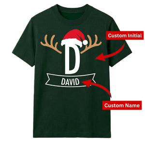Santa Antlers Custom Name Monogram Christmas Unisex T-Shirt