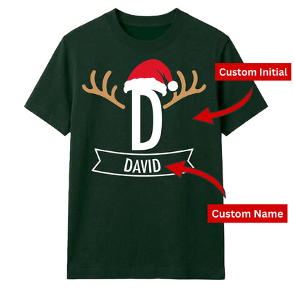 Santa Antlers Custom Name Monogram Christmas Unisex T-Shirt