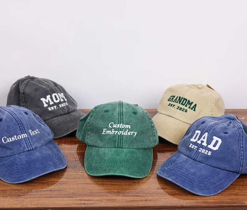Personalised Embroidered Hat, Custom Date Mom & Dad Baseball Hat, Vintage Hat for New Grandma, Pregnancy Announcement Gift, Mothers Day Gift