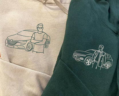 Custom Car Embroidered Photo Hoodie, Outline Car Portrait from Photo Jumper, Personalised Sketch Couples Hoody, Memorial Car Lover Guy Gift
