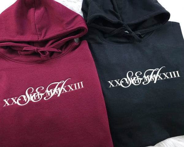 Personalise Embroider Initial Hoodie,1st Anniversary Roman Numeral Date Jumper, Customize Matching Embroidered Hoody, Unique Gift For Couple