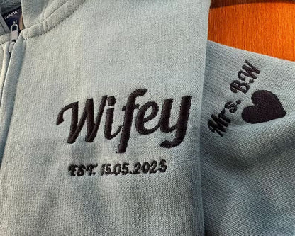 Bride Zip Up Hoodie, Custom Embroidered Wifey Hooded Sweater, Couple Matching Initials Anniversary Jumpers, Bridal Shower Hen Do Party Gifts