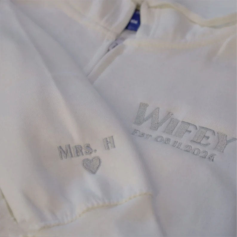 Bride Zip Up Hoodie, Custom Embroidered Wifey Hooded Sweater, Couple Matching Initials Anniversary Jumpers, Bridal Shower Hen Do Party Gifts