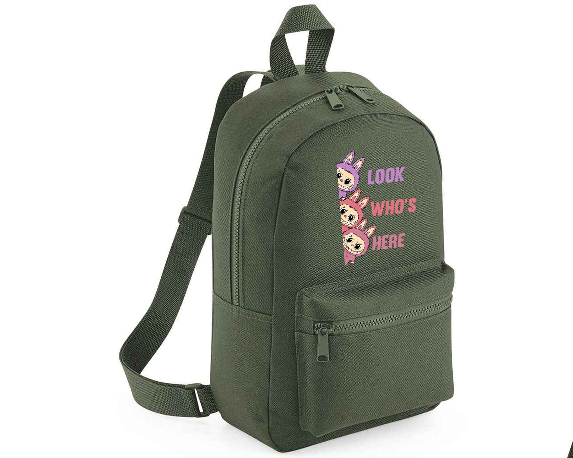 Labubu Look Who’s Here Backpack, Unisex Cartoon Printed Mini Essential Fashion Bag, Front Zip Pocket Kawayi Lovers M8426