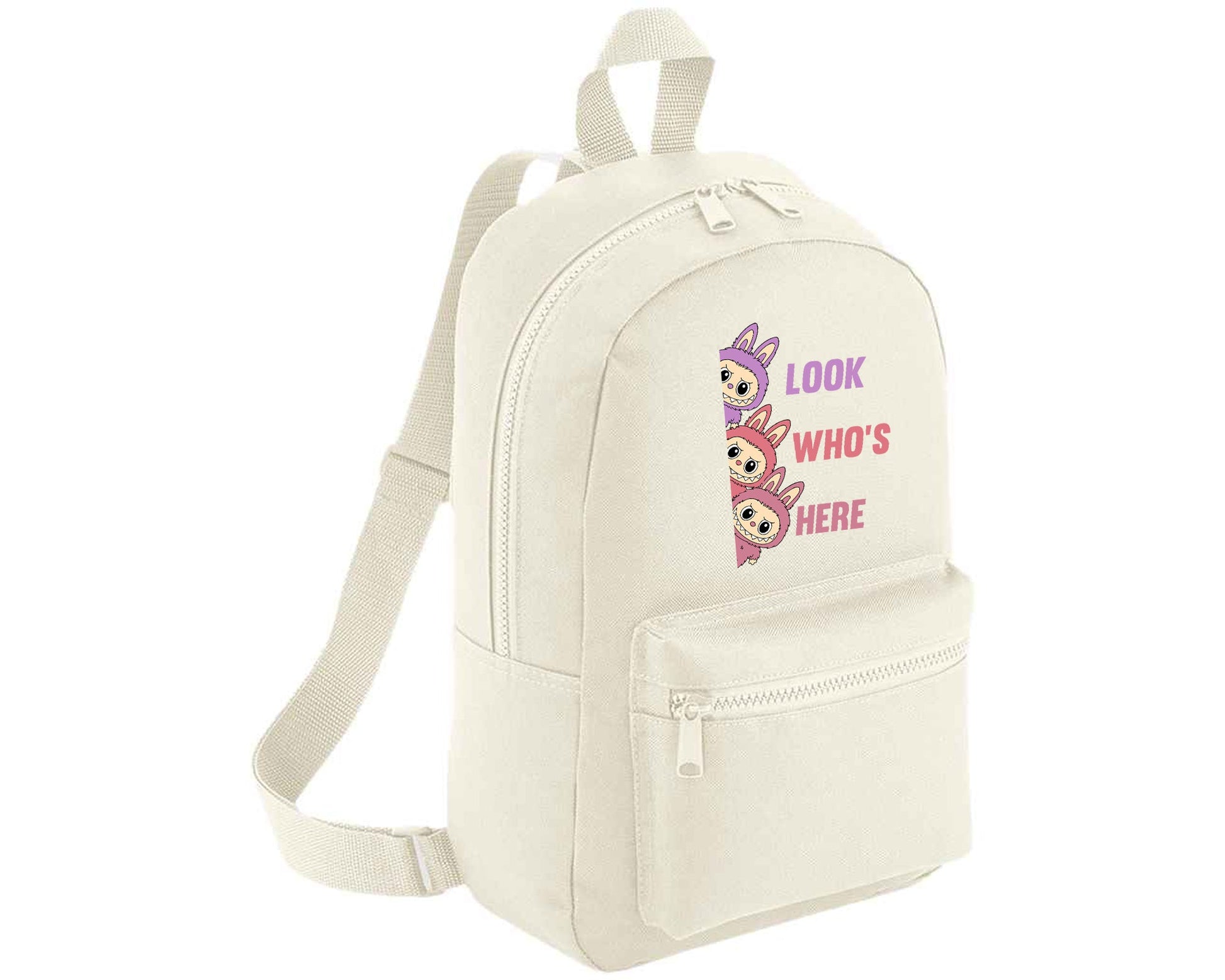 Labubu Look Who’s Here Backpack, Unisex Cartoon Printed Mini Essential Fashion Bag, Front Zip Pocket Kawayi Lovers M8426