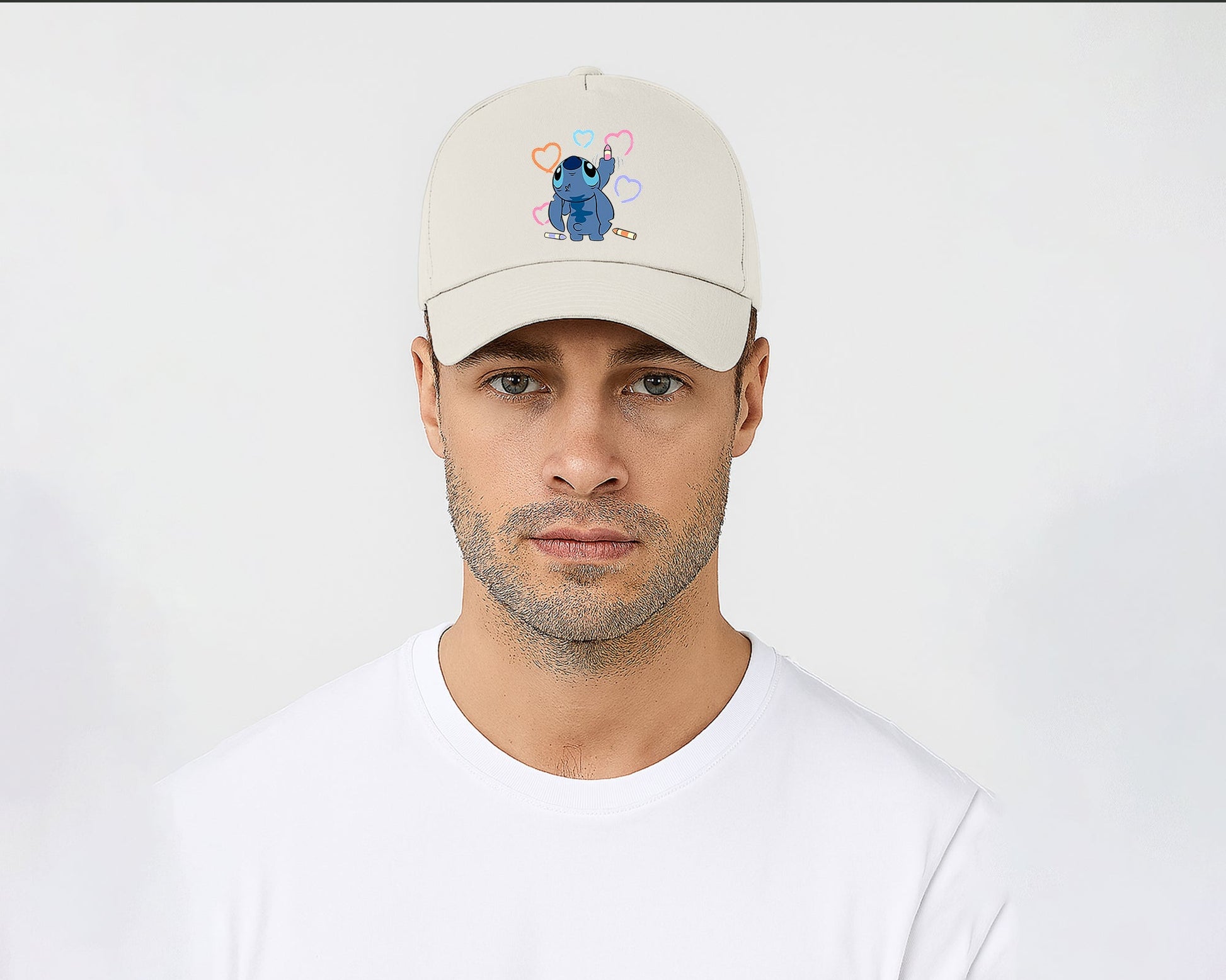 Stitch Crayons Heart Design Cap, Cute Stitch Colorful Printed Unisex Baseball Hat, 100% Cotton Twill Cartoon Lovers Hat M8407