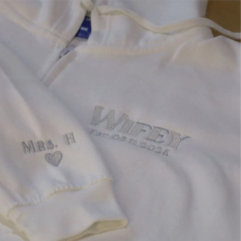 Bride Zip Up Hoodie, Custom Embroidered Wifey Hooded Sweater, Couple Matching Initials Anniversary Jumpers, Bridal Shower Hen Do Party Gifts