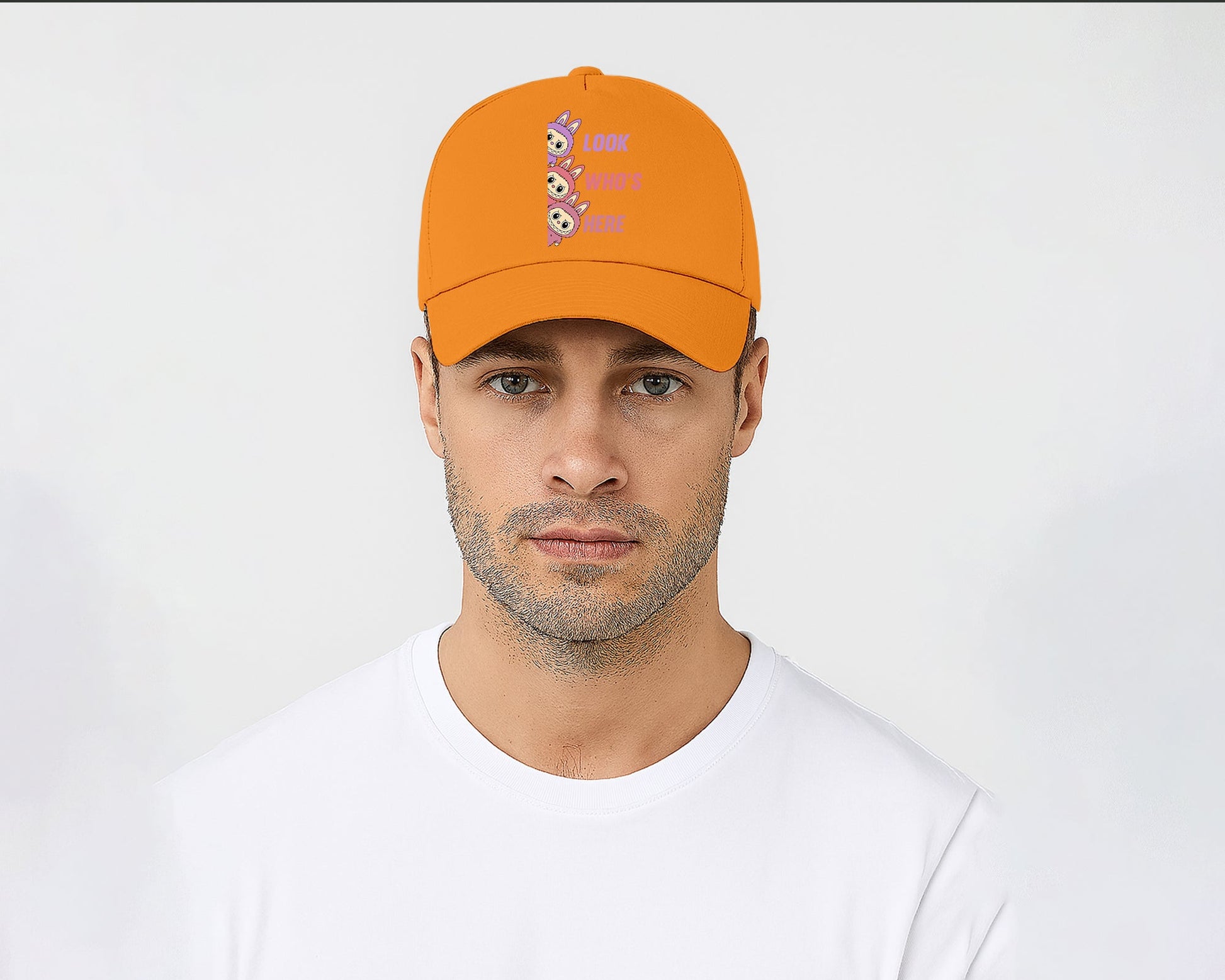 Labubu 5 Panel Cap, Look Who's Here Printed Orginal Design Hat, Pre-Curved Peak 100% Cotton Twill Cap M8426
