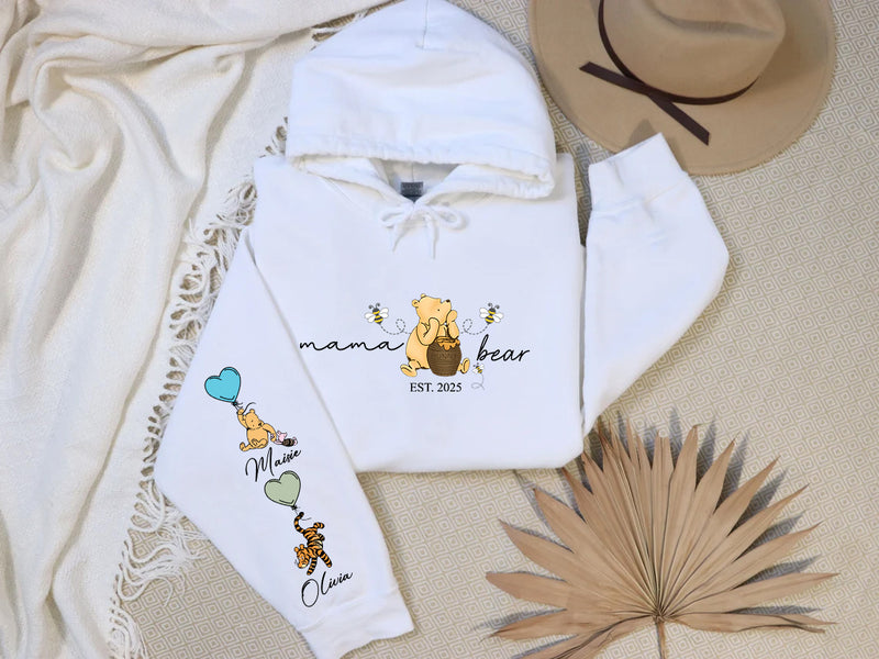 Mama Bear Hoodies. Personalised Mum Hoodie with Children Names on Sleeve. Mama Bear Jumpers, Hooded Sweaters for New Mum. Mother's Day Gifts