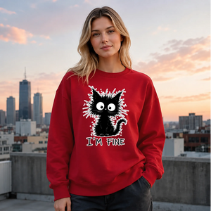 Crazy Scruffy Cat I'm Fine Slogan Graphic Unisex Sweatshirt