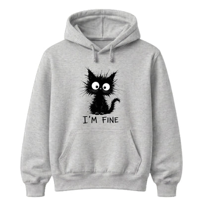 Crazy Scruffy Cat I'm Fine Slogan Graphic Unisex Hoodie
