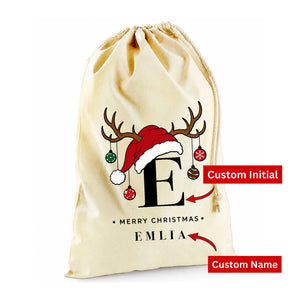 Custom Initial And Name Reindeer Antler Christmas Santa Sack