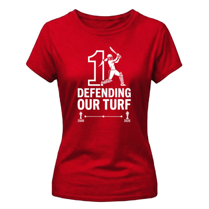 Defending Our Turf Women's Cricket Printed Ladies Fit T-Shirt - England Cricket World Cup 2026