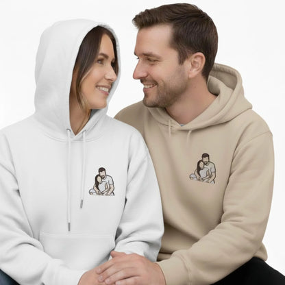 Wrapped in Love Personalised Outline Couple Image Sketch Embroidered Hoodie - EWB105