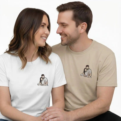 Wrapped in Love Personalised Outline Couple Image Sketch Embroidered T-Shirt - EWB105