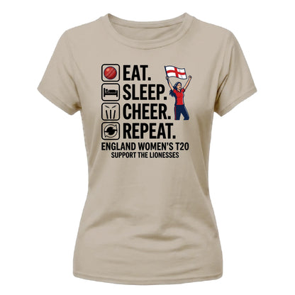 Eat Sleep Cheer Repeat Women Cricket Printed Ladies Fit T-Shirt - England Cricket 2026 Tee Shirt