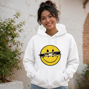 Edgy Ripped Smiley Face Anime Eyes Graphic Unisex Hoodie