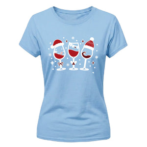 Festive Christmas Wine Glasses Graphic Ladies T-Shirt