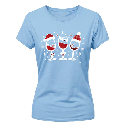 Festive Christmas Wine Glasses Graphic Ladies T-Shirt