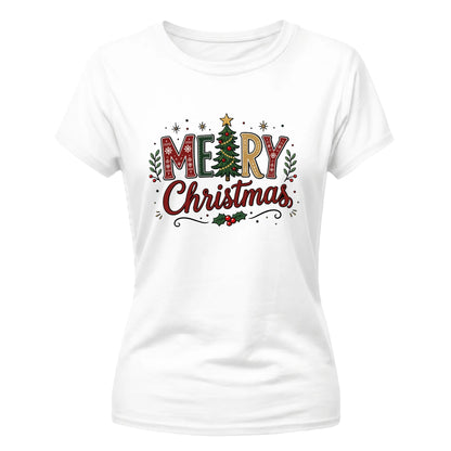Festive Merry Christmas Tree Graphic Ladies T-Shirt