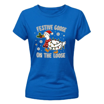 Funny Festive Goose On The Loose Christmas Ladies T-Shirt