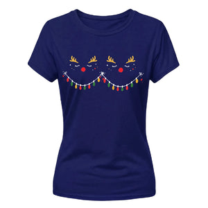 Funny Reindeer Lights Graphic Christmas Ladies T-Shirt