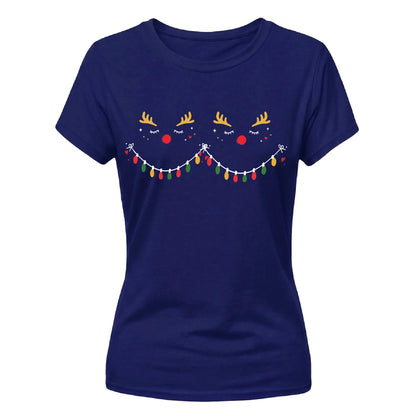 Funny Reindeer Lights Graphic Christmas Ladies T-Shirt
