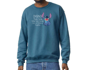 Stitch Ohana Means Family Sweatshirt, Family Quote Pullover for Adults & Teens, Lilo & Stitch Lovers Gift M8405