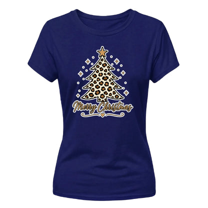 Leopard Print Graphic Tree Christmas Ladies T-Shirt