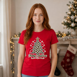Leopard Print Merry Christmas Tree Graphic Unisex T-Shirt