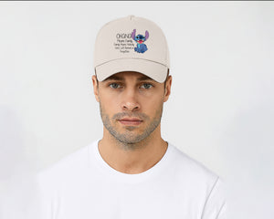 Stitch 5-Panel Baseball Cap, Ohana Means Family Nobody Gets Left Behind, Original Unisex Cartoon Hat M8405