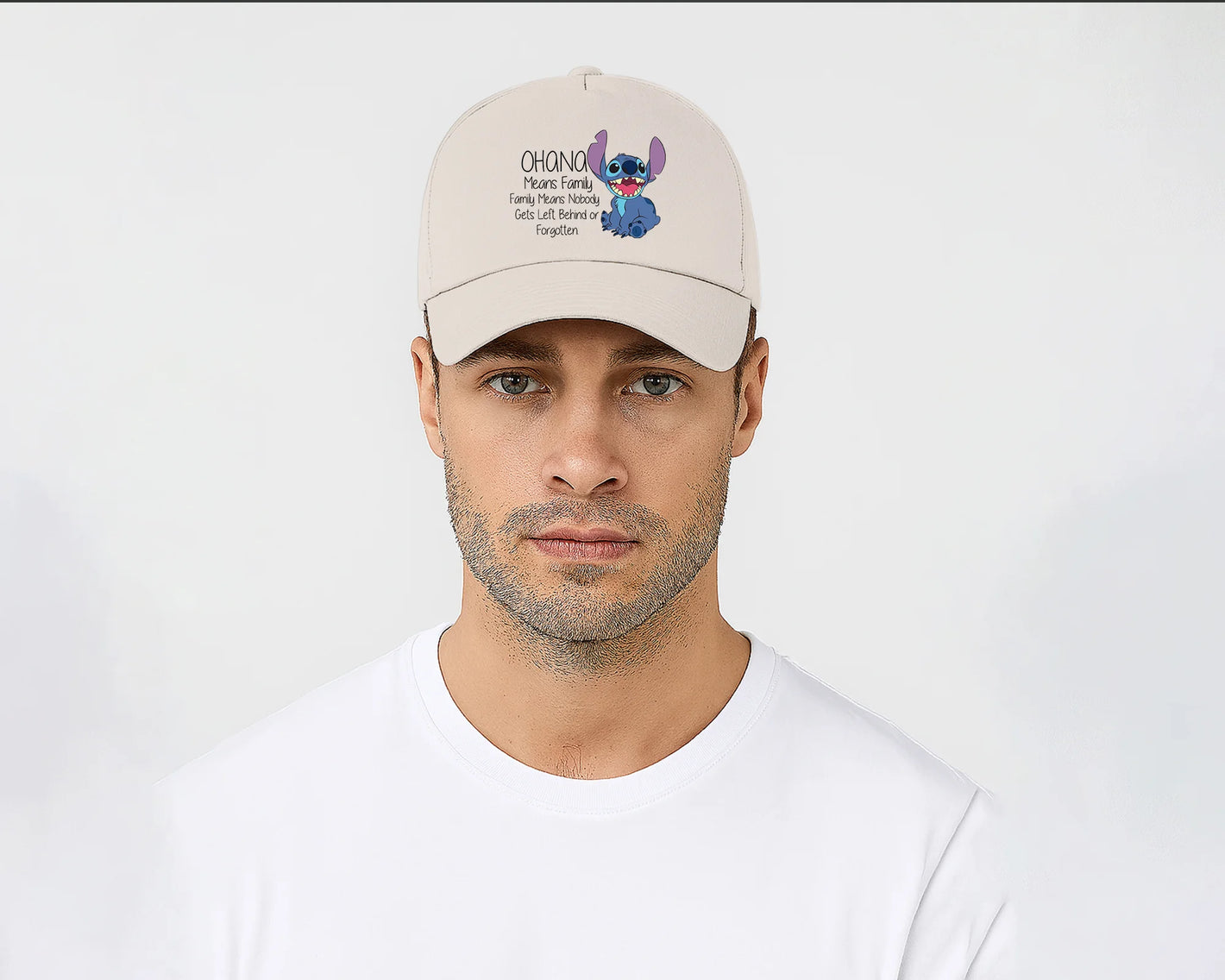 Stitch 5-Panel Baseball Cap, Ohana Means Family Nobody Gets Left Behind, Original Unisex Cartoon Hat M8405