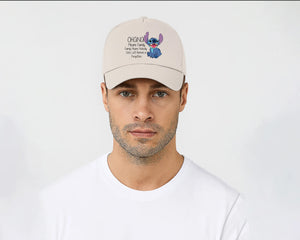 Stitch 5-Panel Baseball Cap, Ohana Means Family Nobody Gets Left Behind, Original Unisex Cartoon Hat M8405