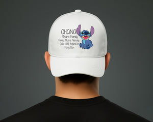 Stitch 5-Panel Baseball Cap, Ohana Means Family Nobody Gets Left Behind, Original Unisex Cartoon Hat M8405