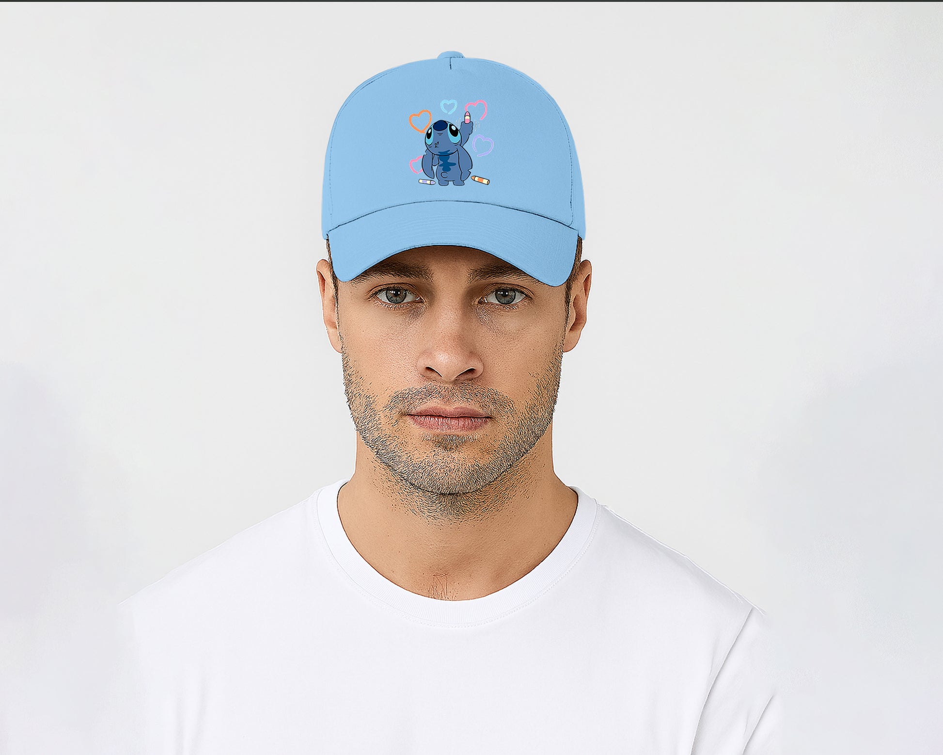 Stitch Crayons Heart Design Cap, Cute Stitch Colorful Printed Unisex Baseball Hat, 100% Cotton Twill Cartoon Lovers Hat M8407
