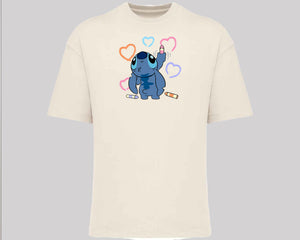 Stitch Graphic Oversized T-Shirt, Unisex Funny Cute Cartoon Tee, 100% Organic Cotton Oversized Fit Top M8407