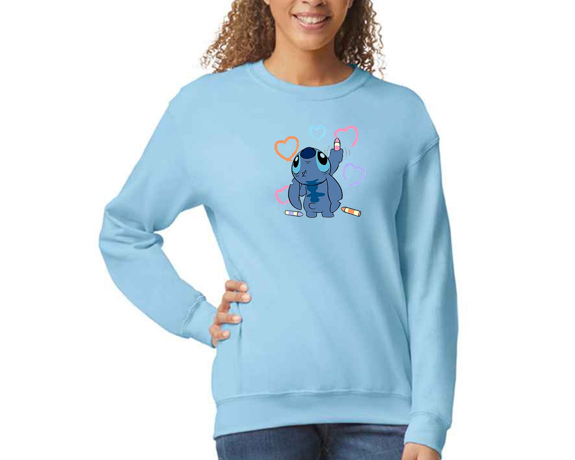 Stitch Sweatshirt Cute Funny Cartoon Print Pullover For Men & Women, 50% Cotton/ 50% Polyester Jumper M8407