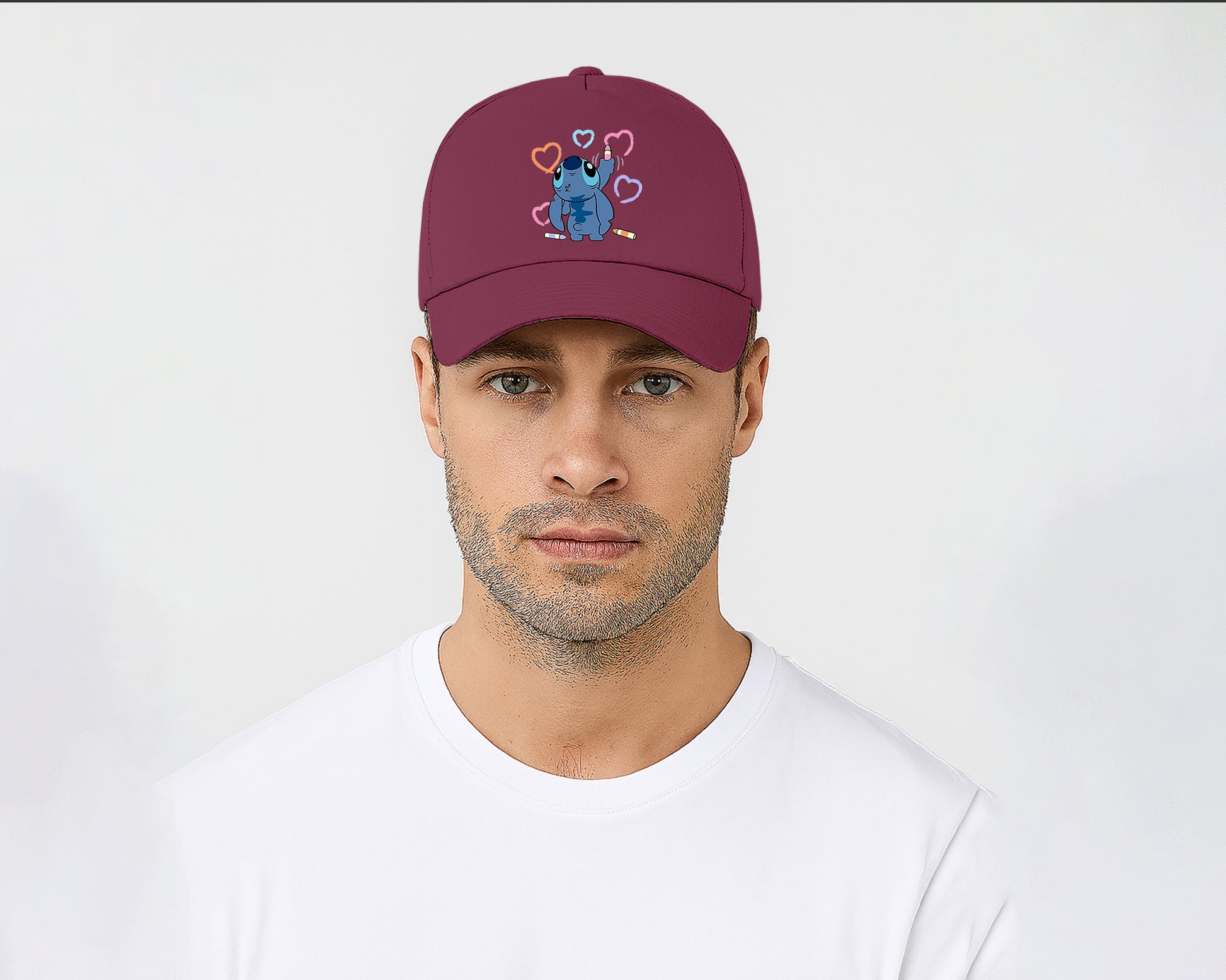 Stitch Crayons Heart Design Cap, Cute Stitch Colorful Printed Unisex Baseball Hat, 100% Cotton Twill Cartoon Lovers Hat M8407