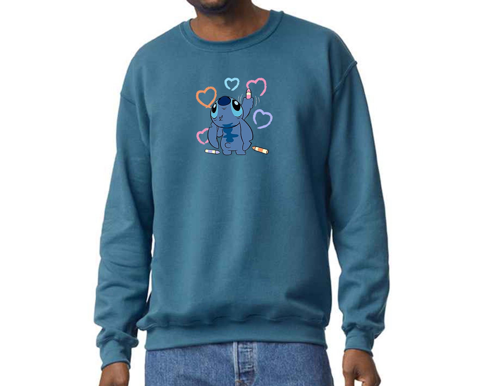 Stitch Sweatshirt Cute Funny Cartoon Print Pullover For Men & Women, 50% Cotton/ 50% Polyester Jumper M8407