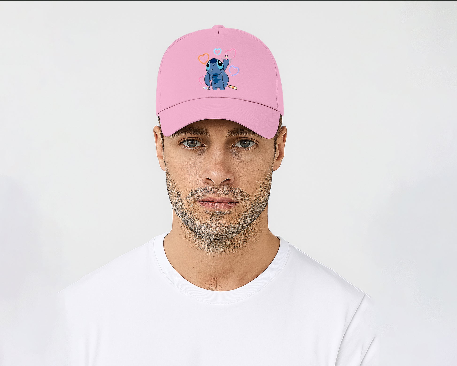 Stitch Crayons Heart Design Cap, Cute Stitch Colorful Printed Unisex Baseball Hat, 100% Cotton Twill Cartoon Lovers Hat M8407