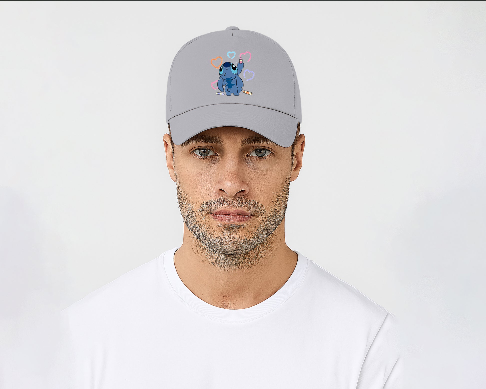 Stitch Crayons Heart Design Cap, Cute Stitch Colorful Printed Unisex Baseball Hat, 100% Cotton Twill Cartoon Lovers Hat M8407