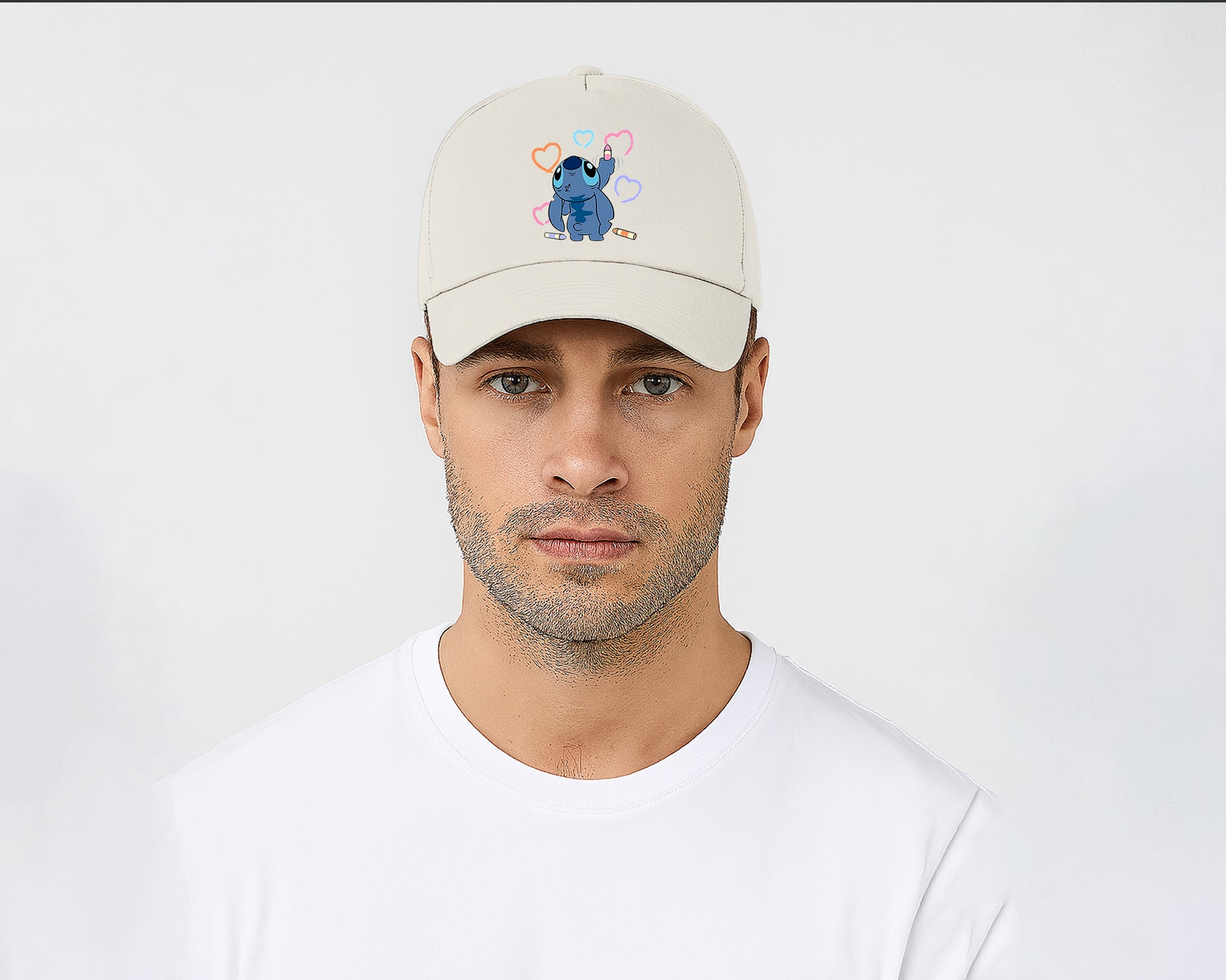 Stitch Crayons Heart Design Cap, Cute Stitch Colorful Printed Unisex Baseball Hat, 100% Cotton Twill Cartoon Lovers Hat M8407