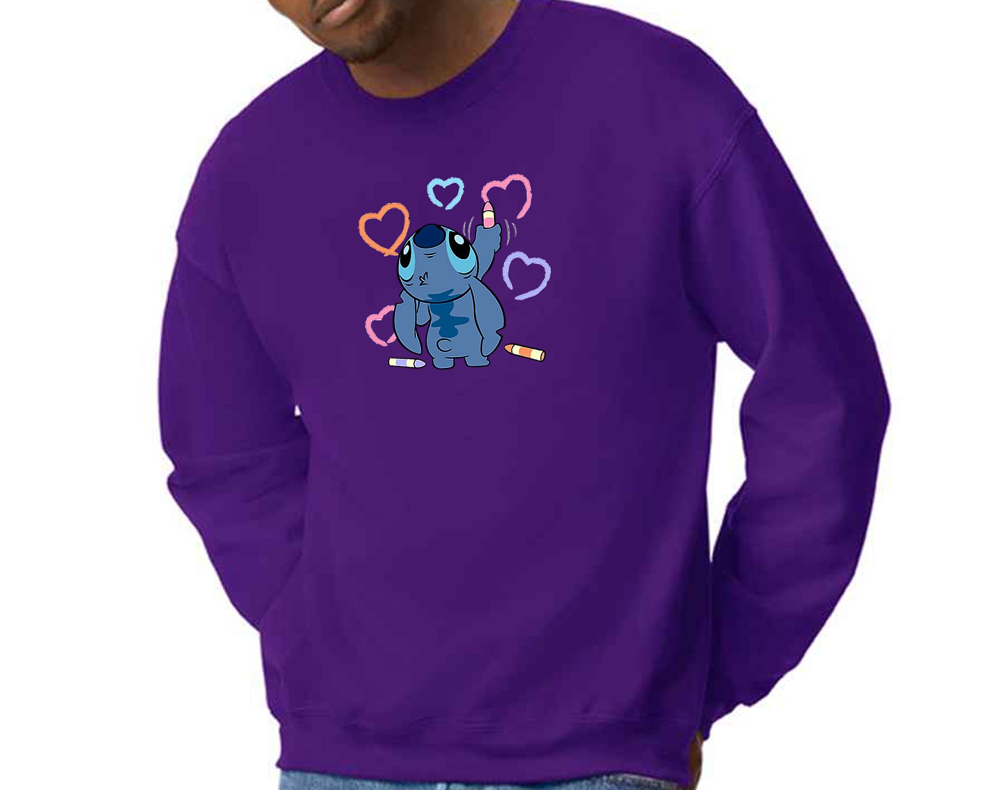 Stitch Sweatshirt Cute Funny Cartoon Print Pullover For Men & Women, 50% Cotton/ 50% Polyester Jumper M8407