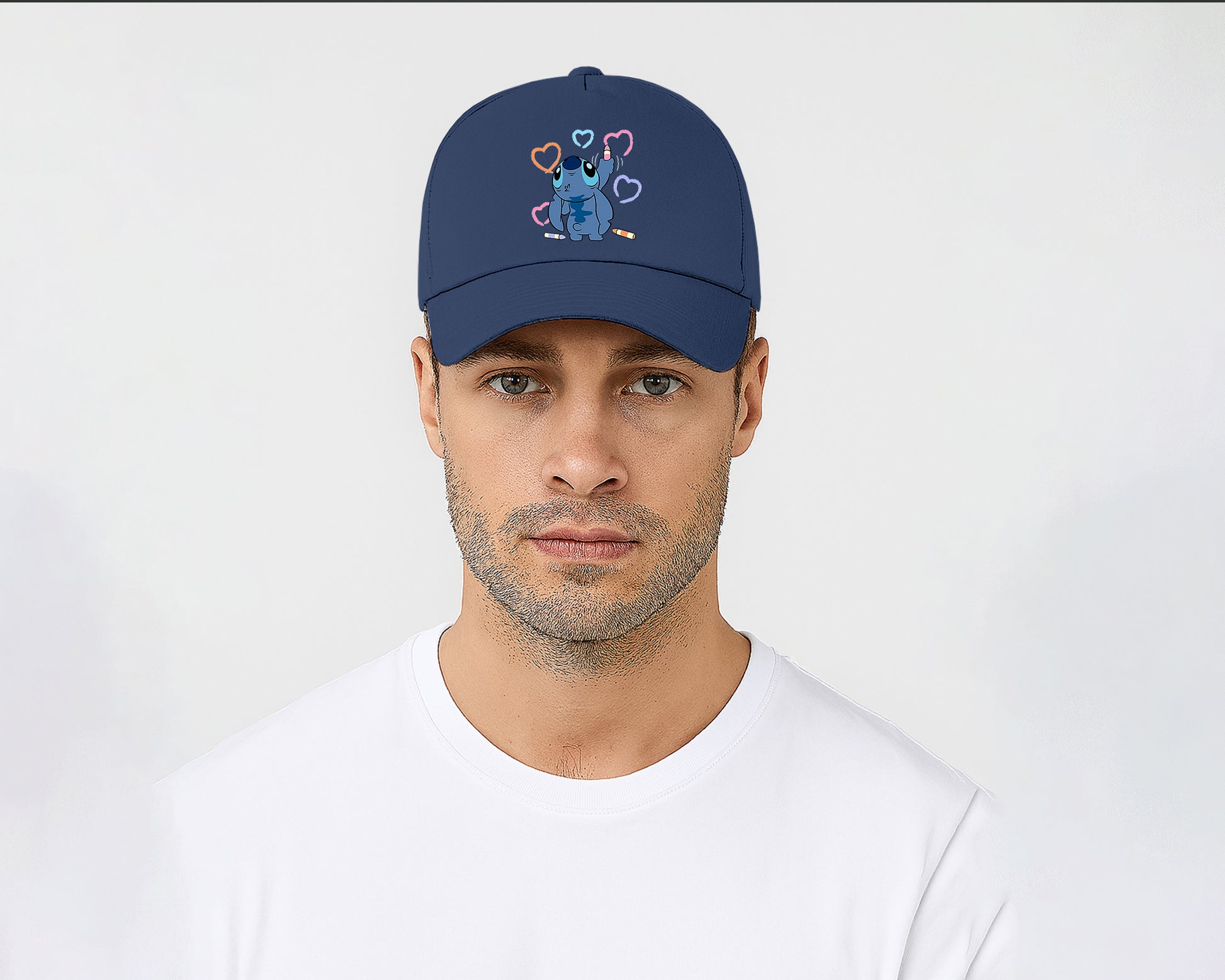 Stitch Crayons Heart Design Cap, Cute Stitch Colorful Printed Unisex Baseball Hat, 100% Cotton Twill Cartoon Lovers Hat M8407