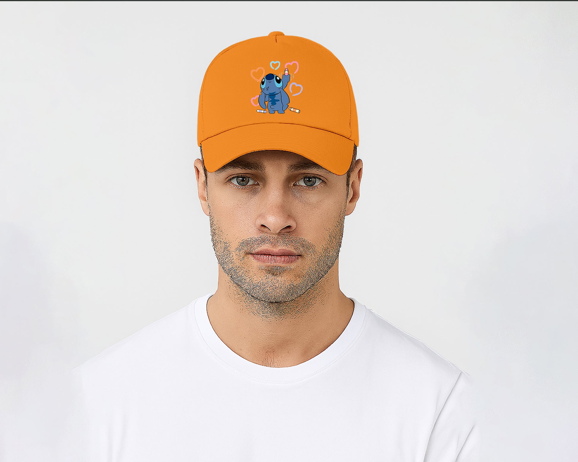Stitch Crayons Heart Design Cap, Cute Stitch Colorful Printed Unisex Baseball Hat, 100% Cotton Twill Cartoon Lovers Hat M8407