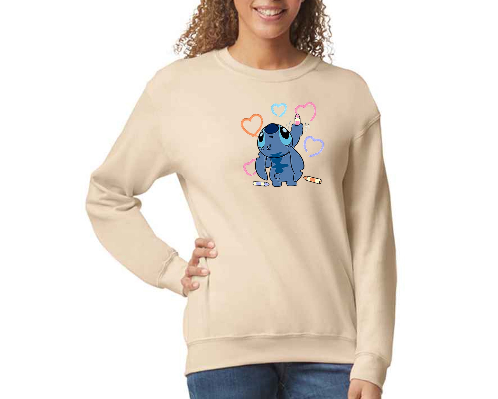 Stitch Sweatshirt Cute Funny Cartoon Print Pullover For Men & Women, 50% Cotton/ 50% Polyester Jumper M8407