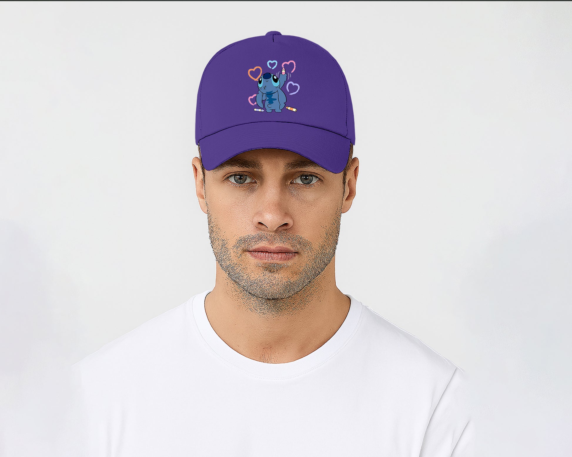 Stitch Crayons Heart Design Cap, Cute Stitch Colorful Printed Unisex Baseball Hat, 100% Cotton Twill Cartoon Lovers Hat M8407