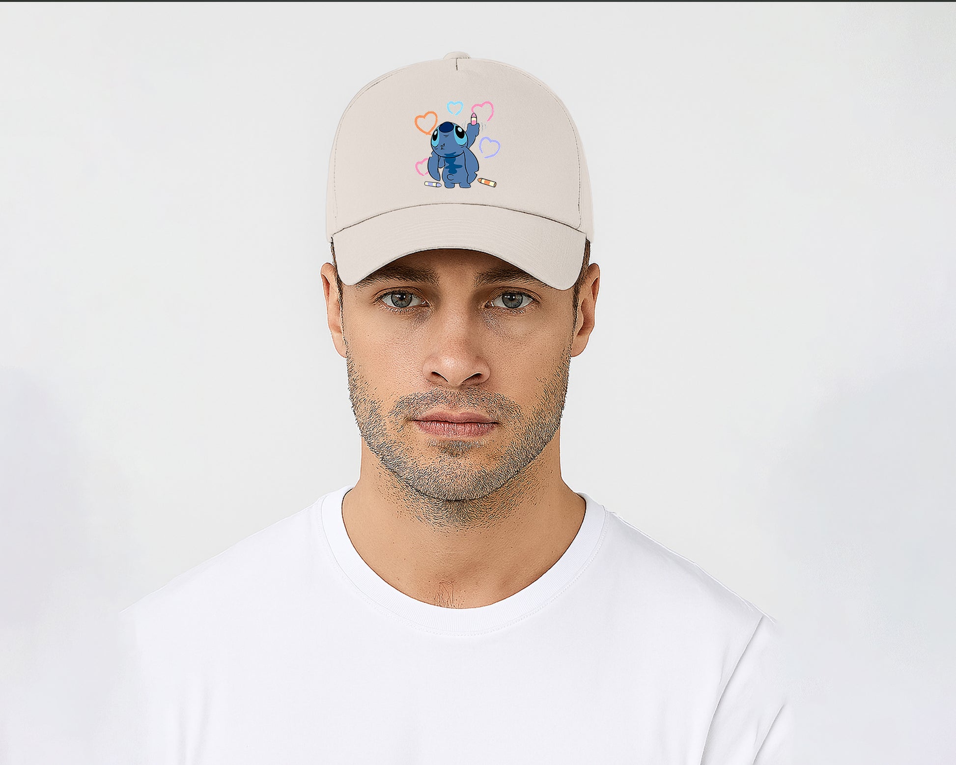 Stitch Crayons Heart Design Cap, Cute Stitch Colorful Printed Unisex Baseball Hat, 100% Cotton Twill Cartoon Lovers Hat M8407