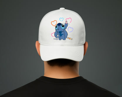 Stitch Crayons Heart Design Cap, Cute Stitch Colorful Printed Unisex Baseball Hat, 100% Cotton Twill Cartoon Lovers Hat M8407